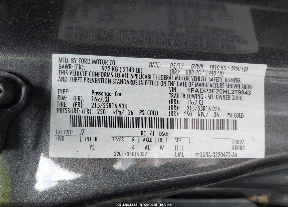 2017 FORD FOCUS SE VIN: 1FADP3F20HL279943