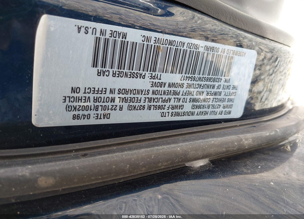 1998 SUBARU LEGACY OUTBACK/OUTBACK LIMITED/OUTBACK SPORT VIN: 4S3BG6853W7654417