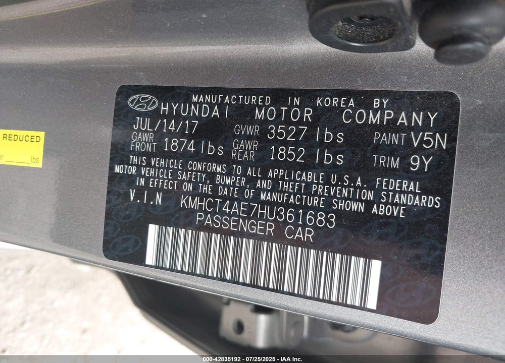 2017 HYUNDAI ACCENT VIN: KMHCT4AE7HU361683