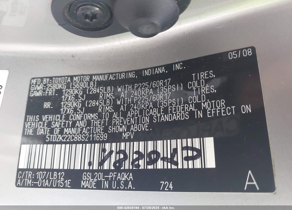 2008 TOYOTA SIENNA VIN: 5TDZK22C88S211699