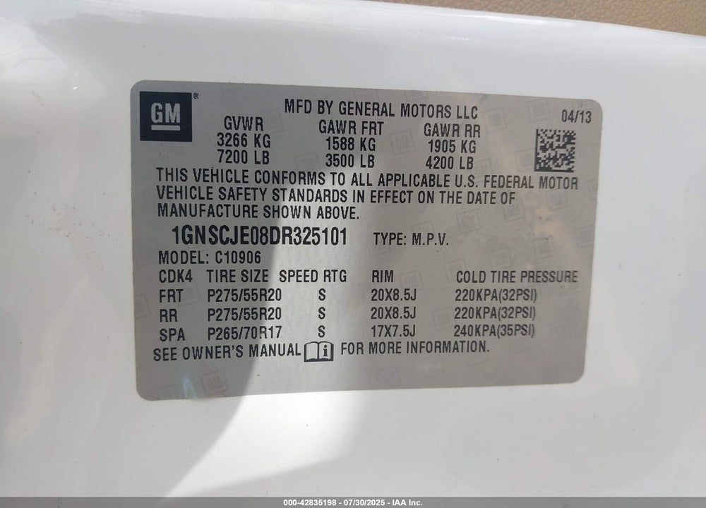 2013 CHEVROLET SUBURBAN 1500 VIN: 1GNSCJE08DR325101