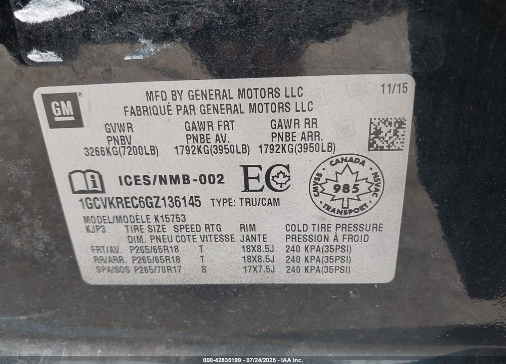 2016 CHEVROLET SILVERADO 1500 VIN: 1GCVKREC6GZ136145