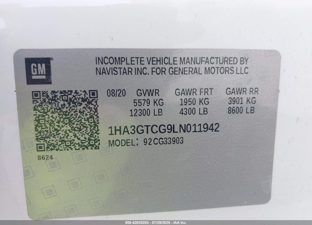 2020 CHEVROLET EXPRESS CUTAWAY WORK VAN VIN: 1HA3GTCG9LN011942