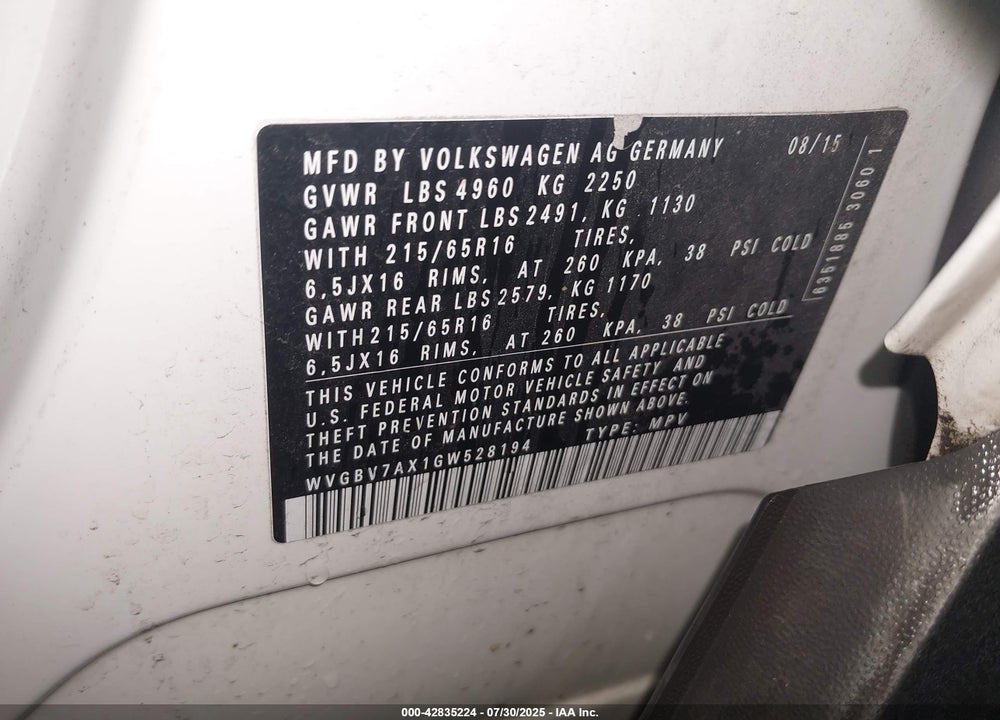 2016 VOLKSWAGEN TIGUAN S VIN: WVGBV7AX1GW528194