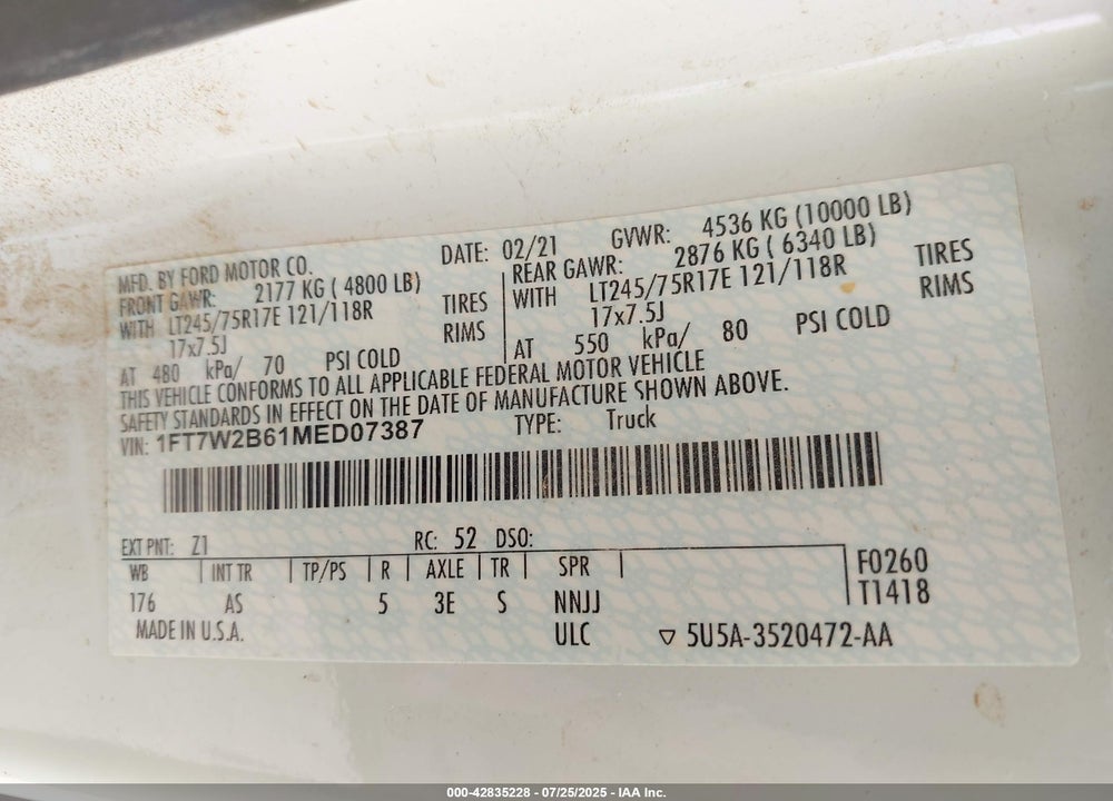 2021 FORD F-250 VIN: 1FT7W2B61MED07387