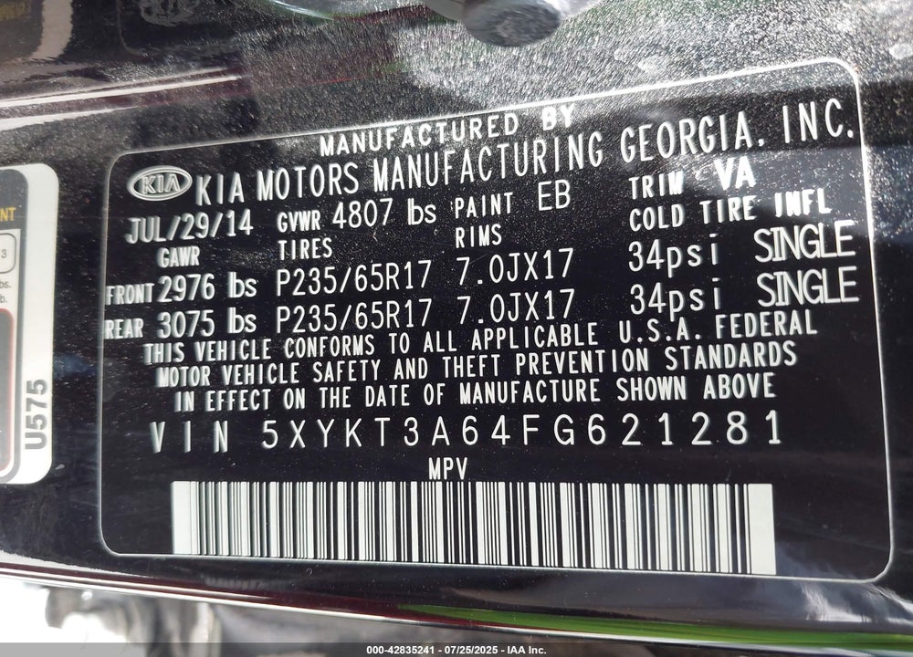 2015 KIA SORENTO VIN: 5XYKT3A64FG621281