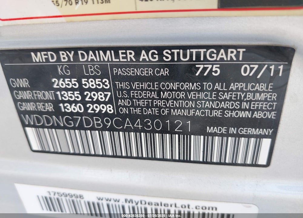 2012 MERCEDES-BENZ S CLASS VIN: WDDNG7DB9CA430121