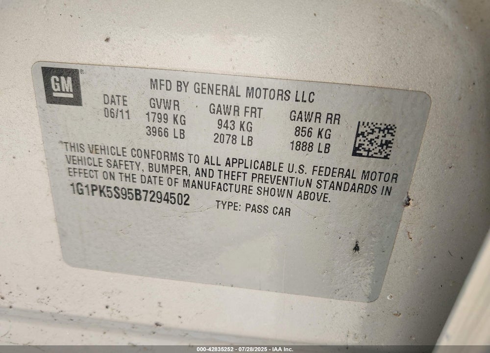 2011 CHEVROLET CRUZE VIN: 1G1PK5S95B7294502