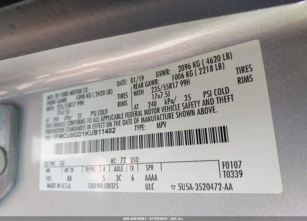 2019 FORD ESCAPE VIN: 1FMCU0GD1KUB11402