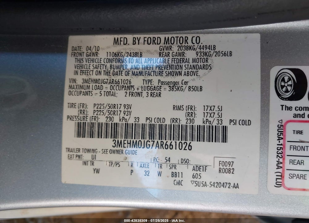 2010 MERCURY MILAN VIN: 3MEHM0JG7AR661026