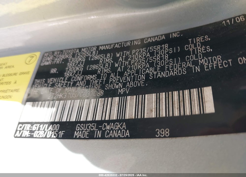 2007 LEXUS RX350 VIN: 2T2HK31U97C037088