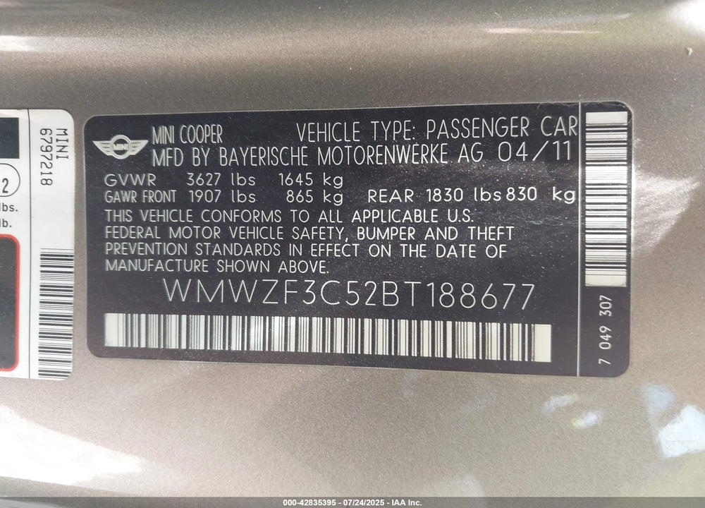 2011 MINI COOPER CLUBMAN VIN: WMWZF3C52BT188677