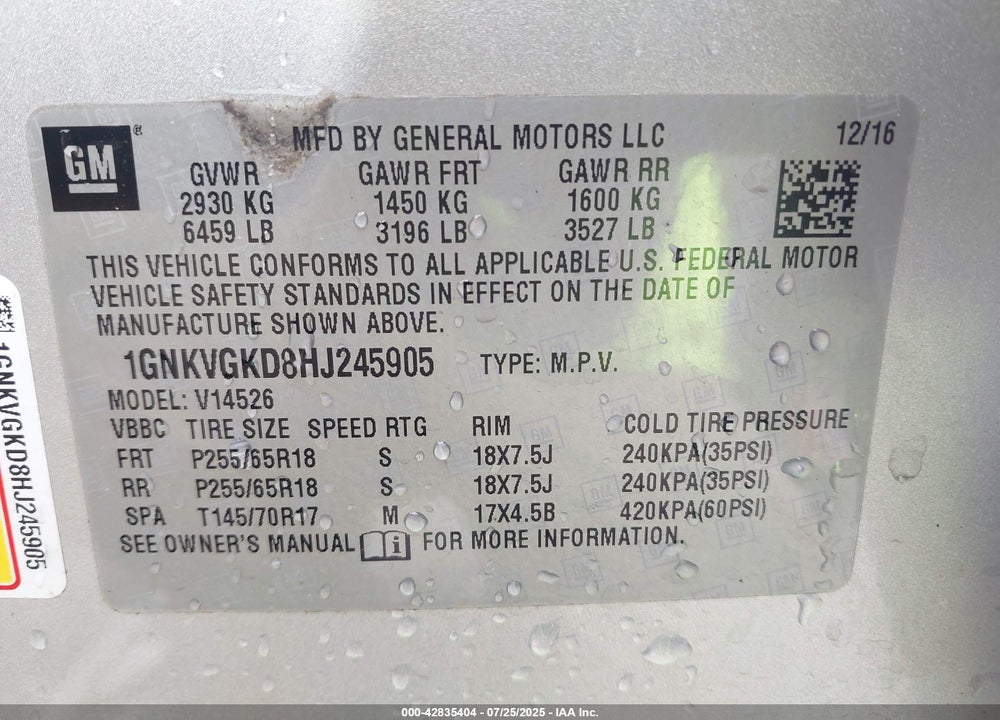 2017 CHEVROLET TRAVERSE VIN: 1GNKVGKD8HJ245905