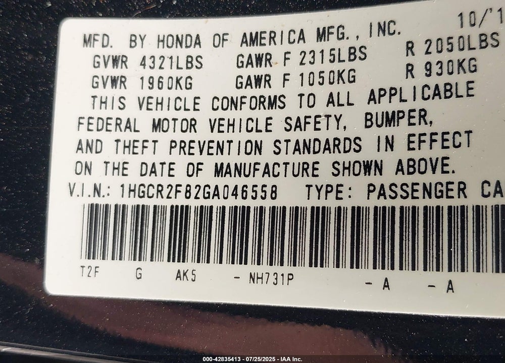 2016 HONDA ACCORD VIN: 1HGCR2F82GA046558