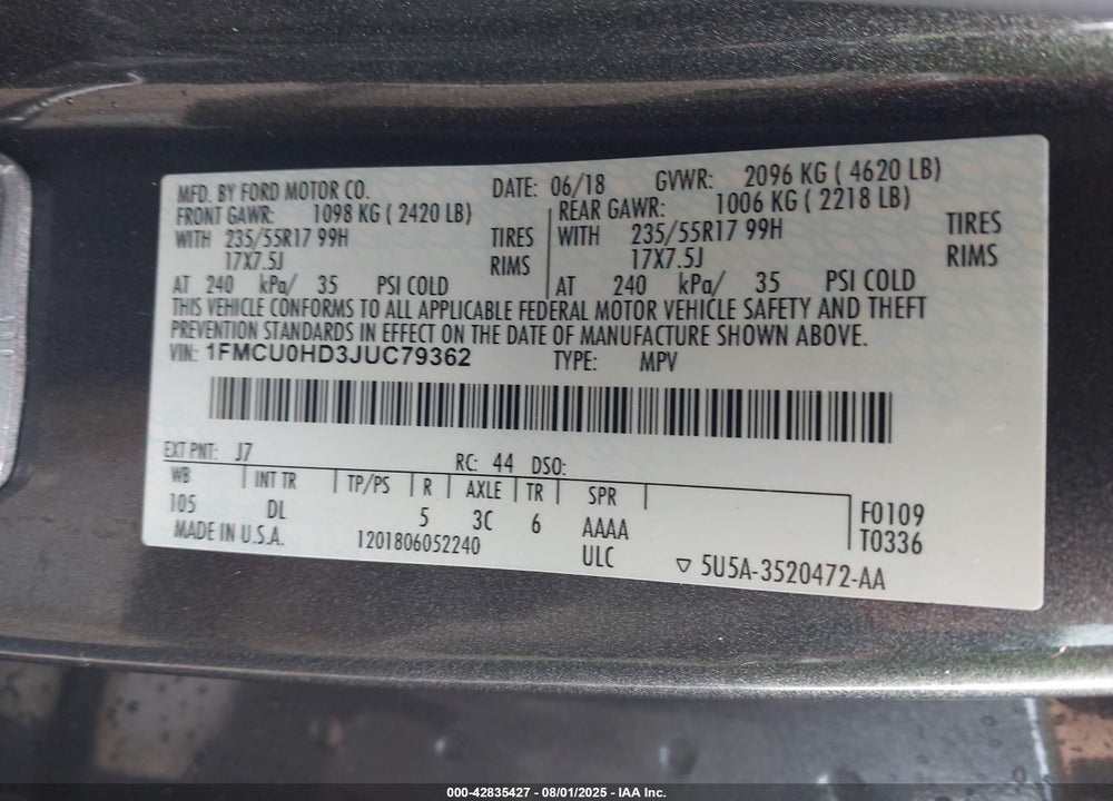 2018 FORD ESCAPE VIN: 1FMCU0HD3JUC79362
