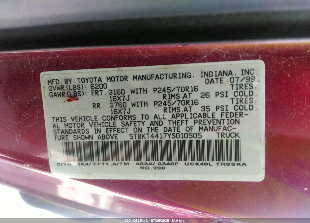 2000 TOYOTA TUNDRA SR5 V8 VIN: 5TBKT4417YS010505