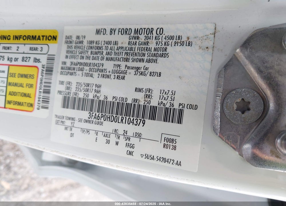 2020 FORD FUSION VIN: 3FA6P0HD0LR104379