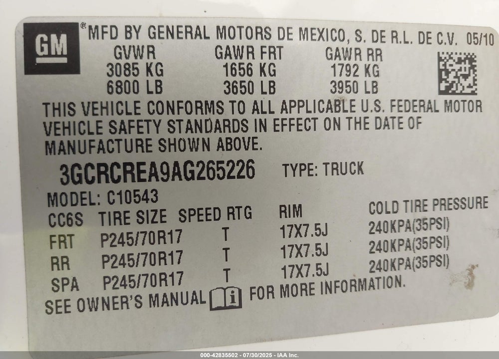 2010 CHEVROLET SILVERADO 1500 VIN: 3GCRCREA9AG265226
