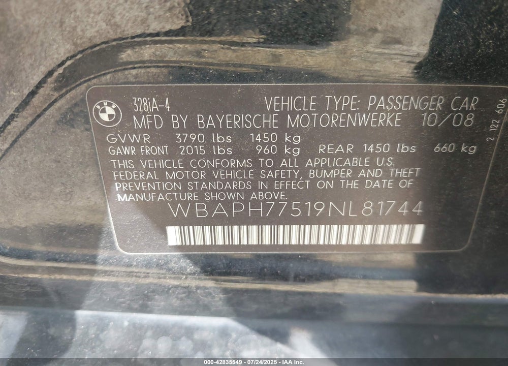 2009 BMW 328I VIN: WBAPH77519NL81744