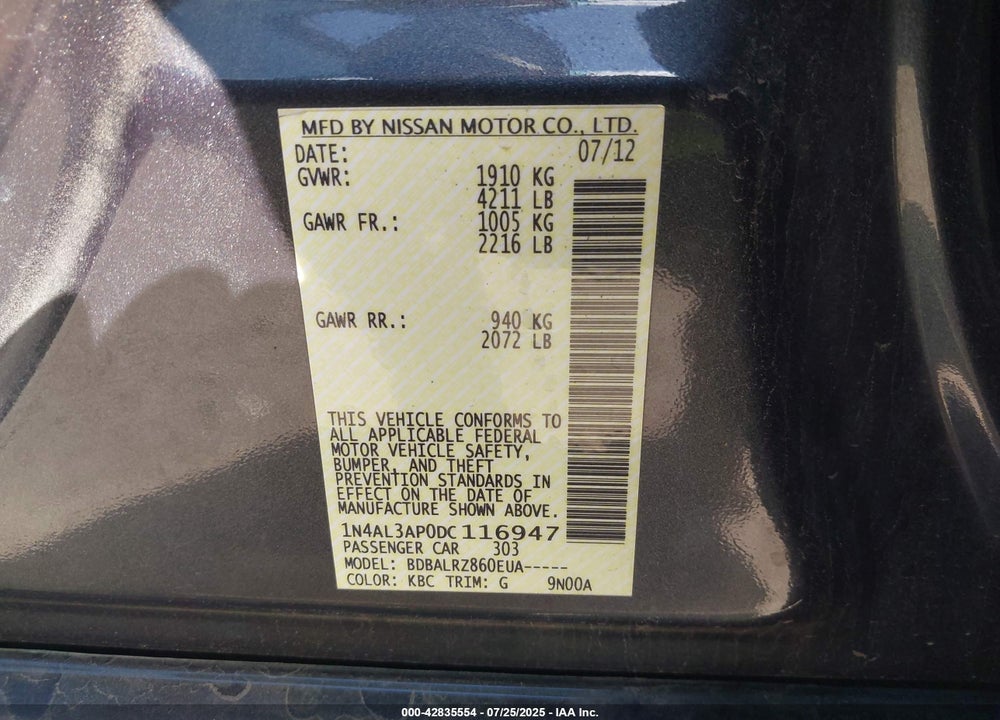 2013 NISSAN ALTIMA 2.5 S VIN: 1N4AL3AP0DC116947