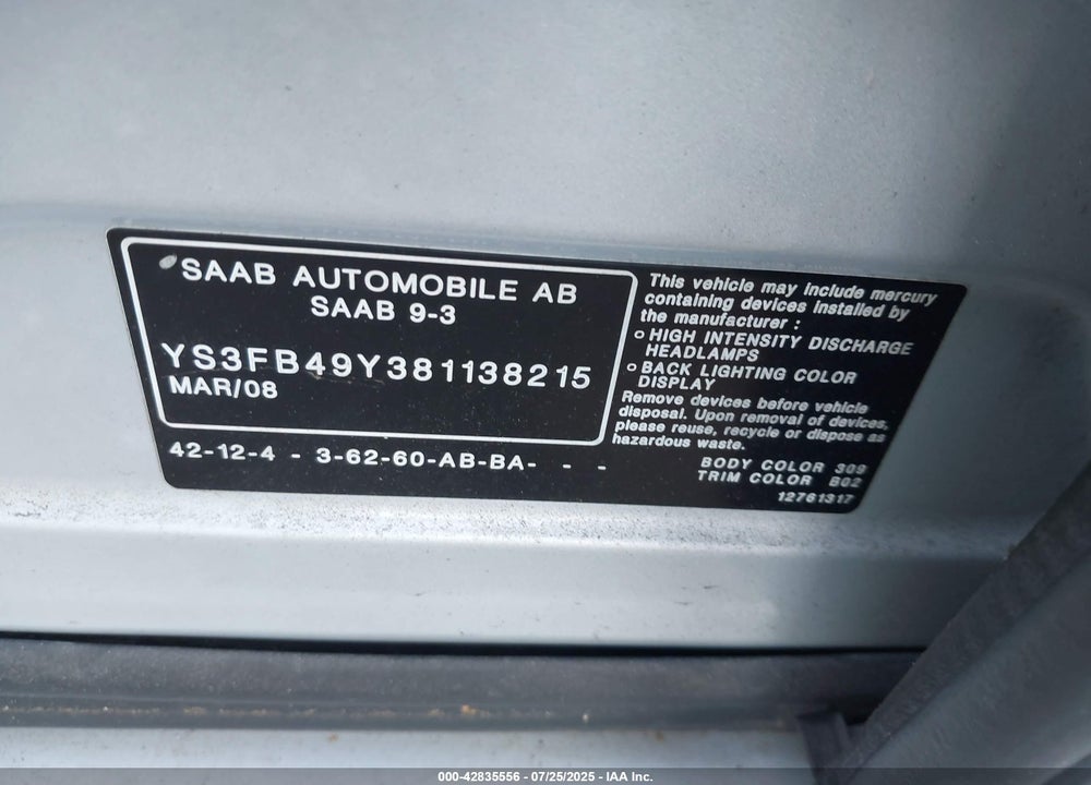 2008 SAAB 9 3 VIN: YS3FB49Y381138215