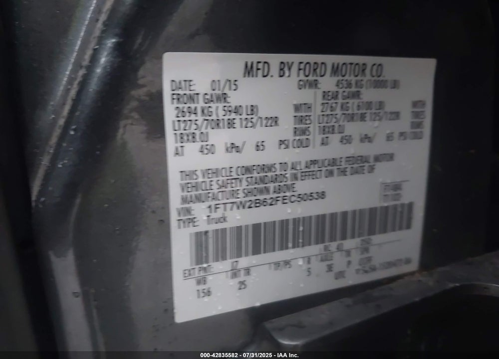 2015 FORD F-250 VIN: 1FT7W2B62FEC50538