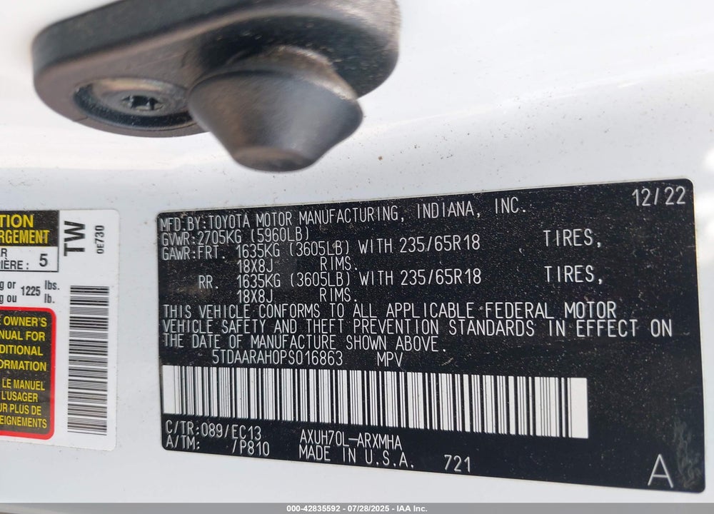 2023 TOYOTA HIGHLANDER VIN: 5TDAARAH0PS016863