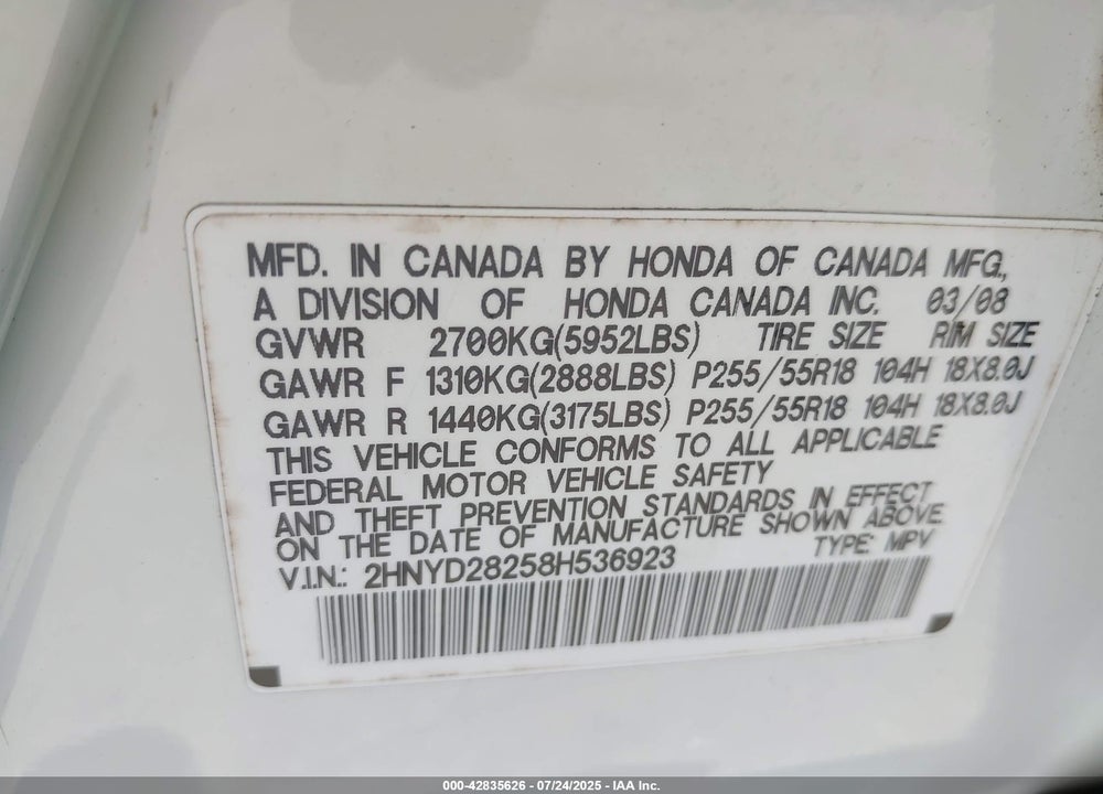 2008 ACURA MDX VIN: 2HNYD28258H536923
