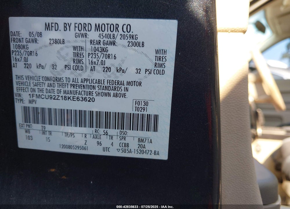 2008 FORD ESCAPE VIN: 1FMCU92Z18KE63620