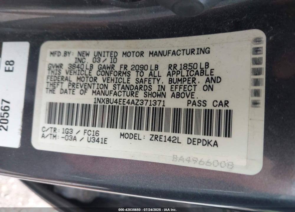 2010 TOYOTA COROLLA VIN: 1NXBU4EE4AZ371371