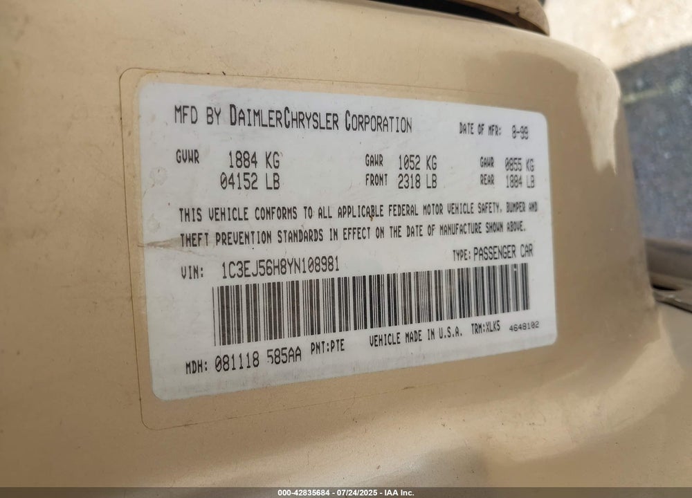 2000 CHRYSLER CIRRUS LXI VIN: 1C3EJ56H8YN108981