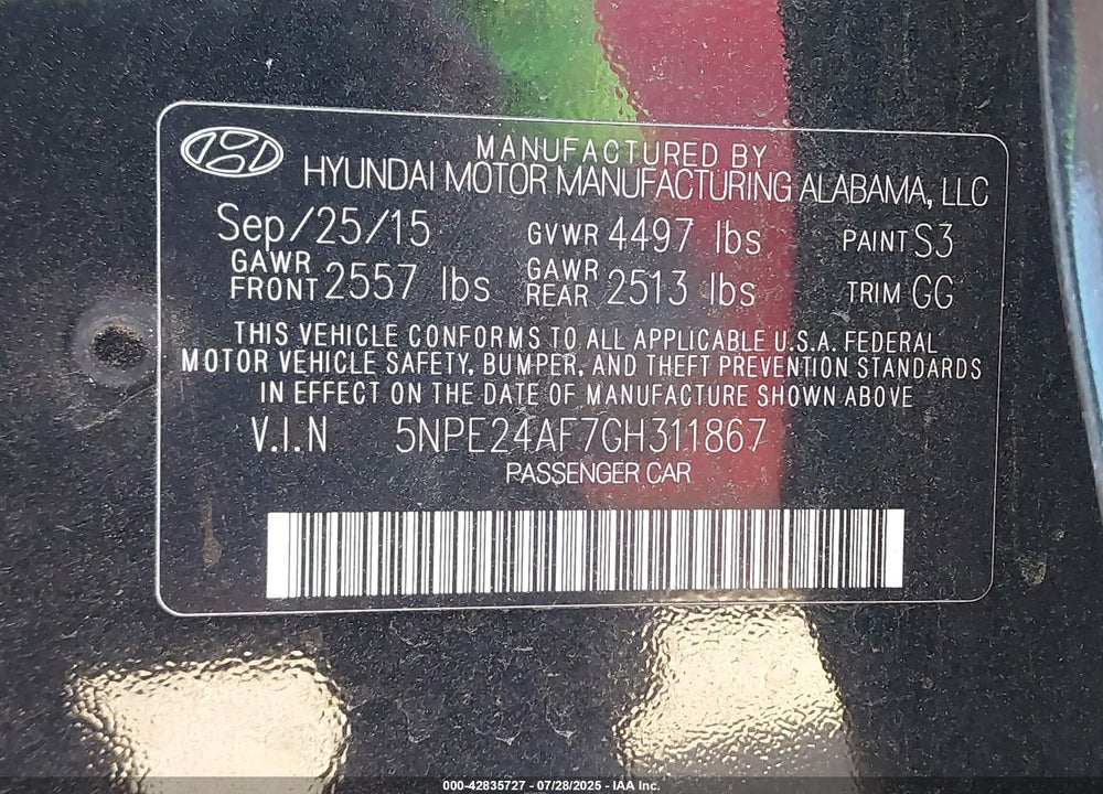 2016 HYUNDAI SONATA SE VIN: 5NPE24AF7GH311867