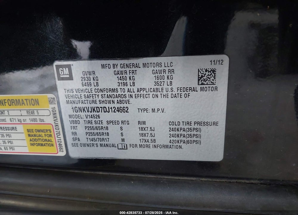 2013 CHEVROLET TRAVERSE VIN: 1GNKVJKD7DJ124662