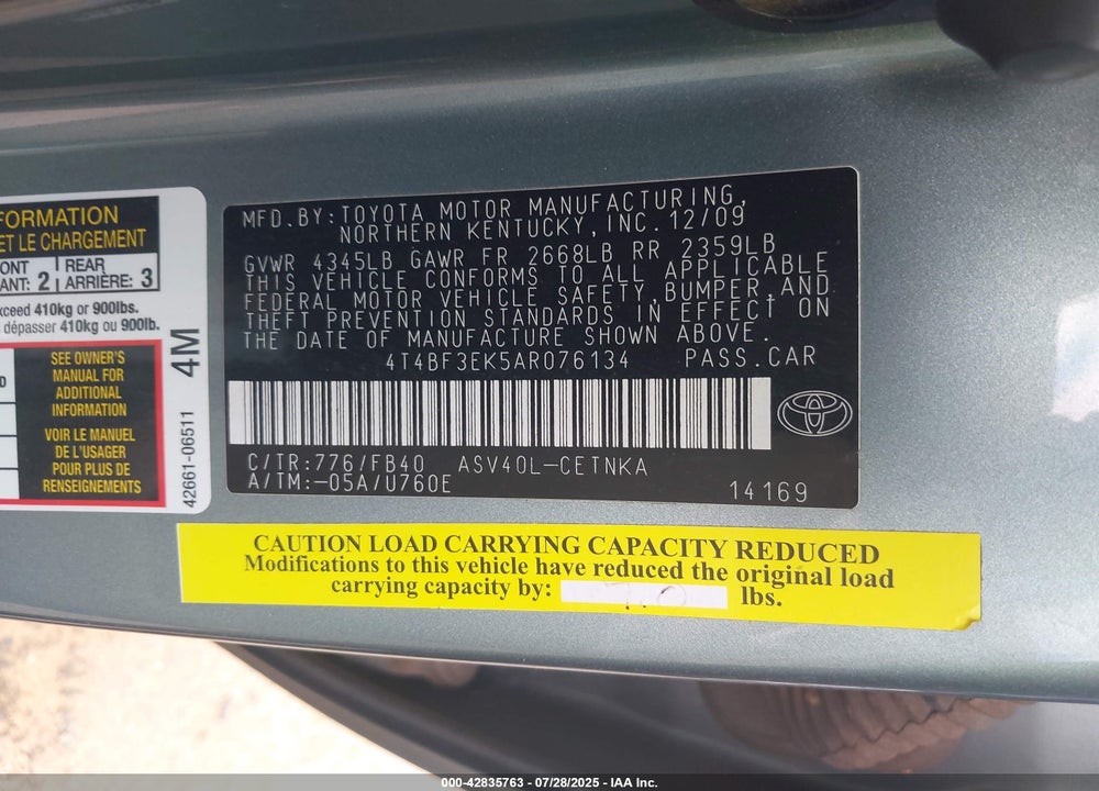 2010 TOYOTA CAMRY VIN: 4T4BF3EK5AR076134