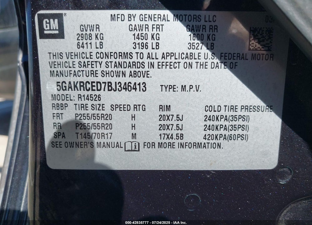 2011 BUICK ENCLAVE VIN: 5GAKRCED7BJ346413
