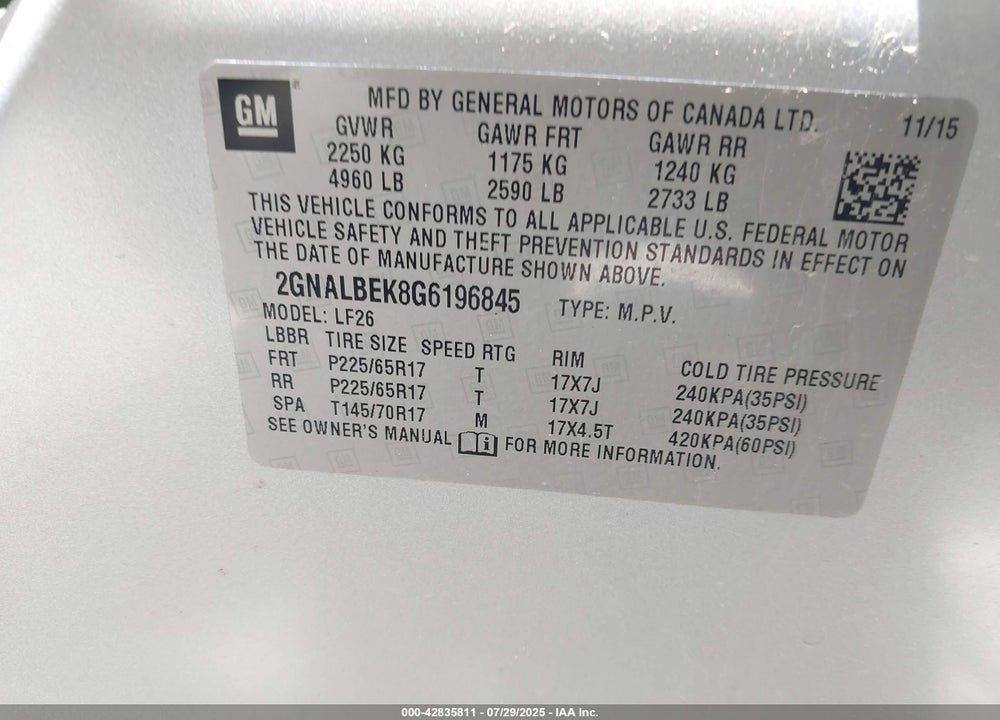 2016 CHEVROLET EQUINOX VIN: 2GNALBEK8G6196845