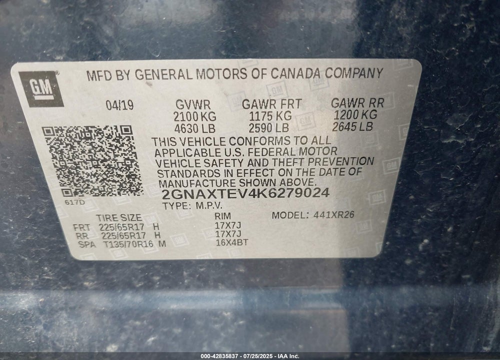 2019 CHEVROLET EQUINOX LT VIN: 2GNAXTEV4K6279024