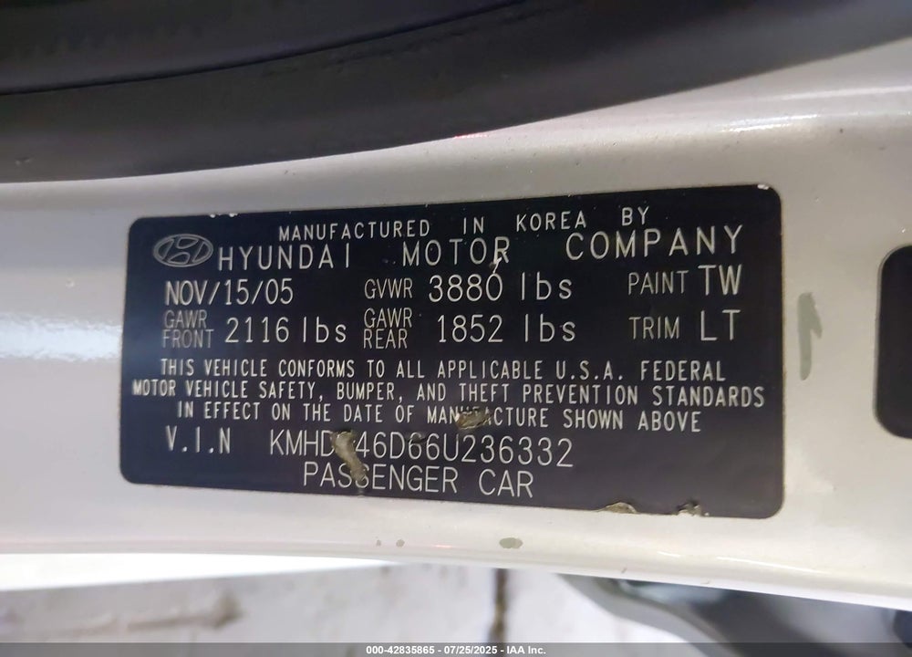 2006 HYUNDAI ELANTRA GLS/LIMITED VIN: KMHDN46D66U236332