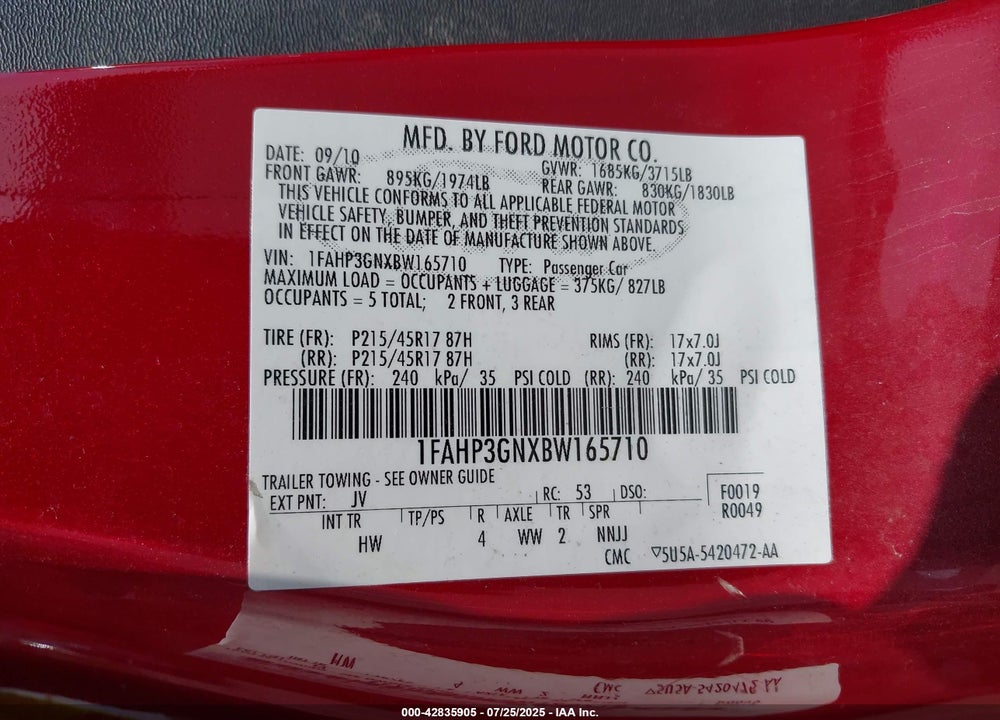 2011 FORD FOCUS VIN: 1FAHP3GNXBW165710