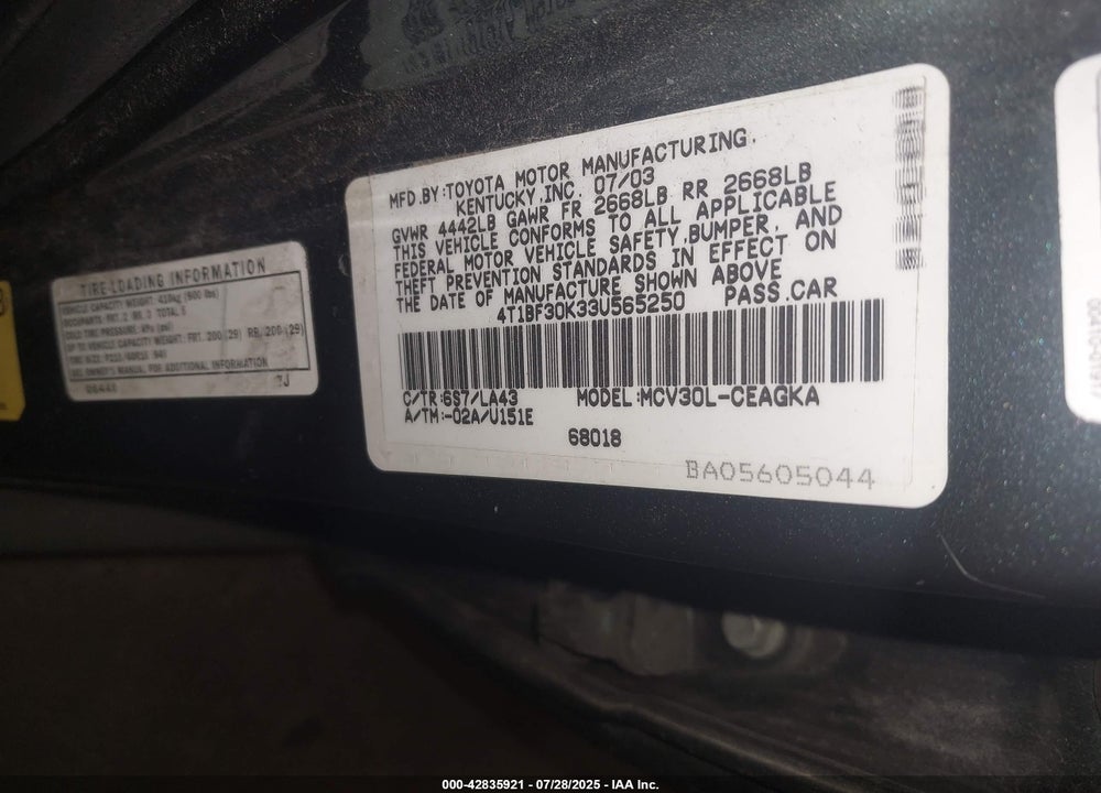 2003 TOYOTA CAMRY XLE V6 VIN: 4T1BF30K33U565250
