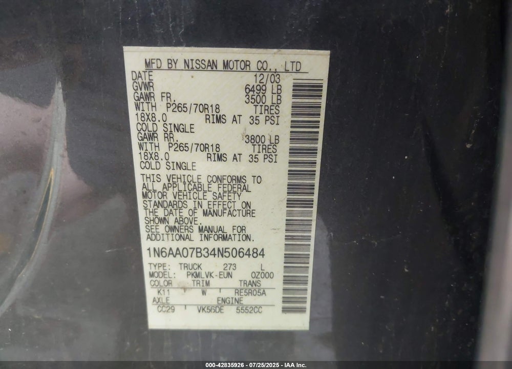 2004 NISSAN TITAN LE VIN: 1N6AA07B34N506484