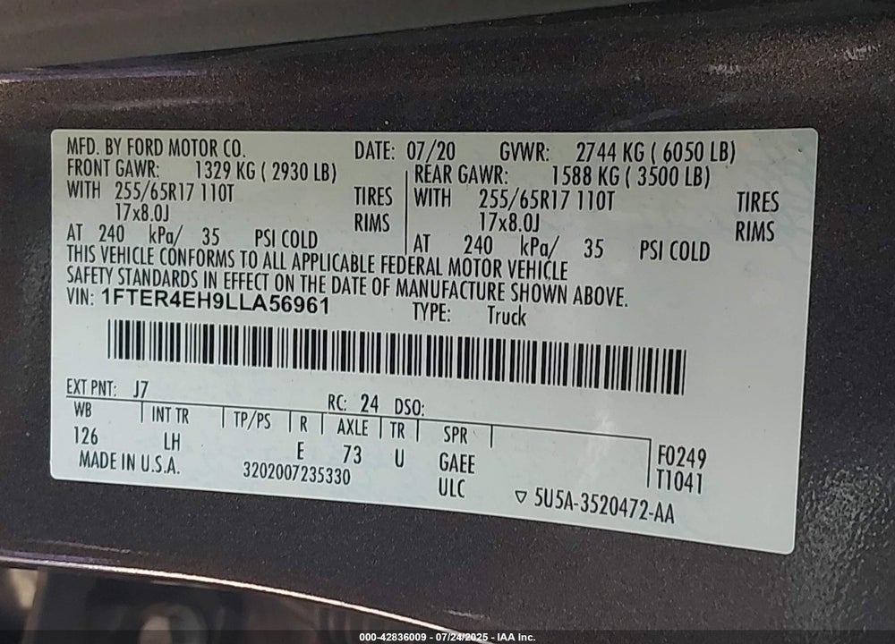 2020 FORD RANGER XL VIN: 1FTER4EH9LLA56961