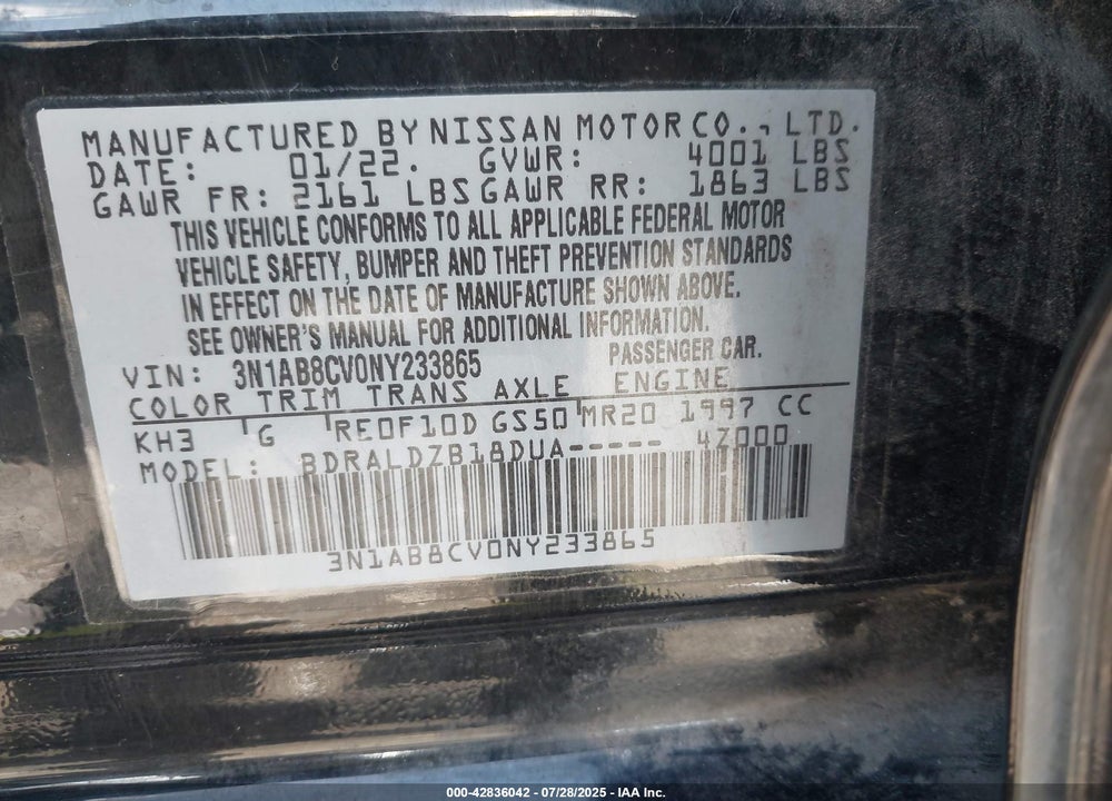 2022 NISSAN SENTRA VIN: 3N1AB8CV0NY233865