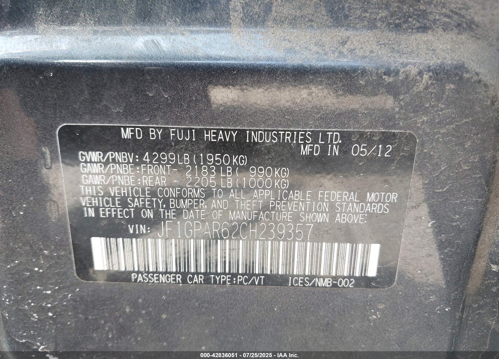 2012 SUBARU IMPREZA VIN: JF1GPAR62CH239357