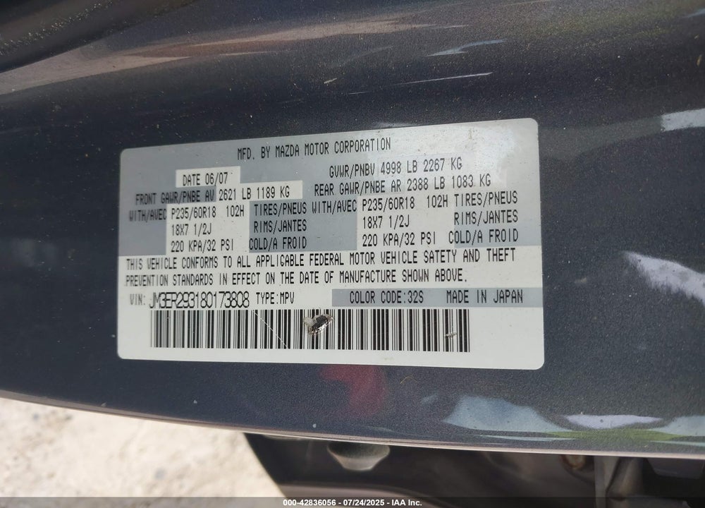 2008 MAZDA CX-7 VIN: JM3ER293180173808