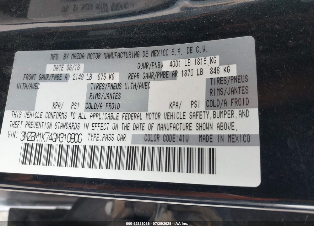2016 MAZDA 3 I SPORT VIN: 3MZBM1K74GM310900