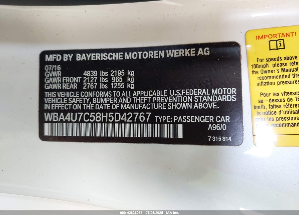 2017 BMW 430I VIN: WBA4U7C58H5D42767