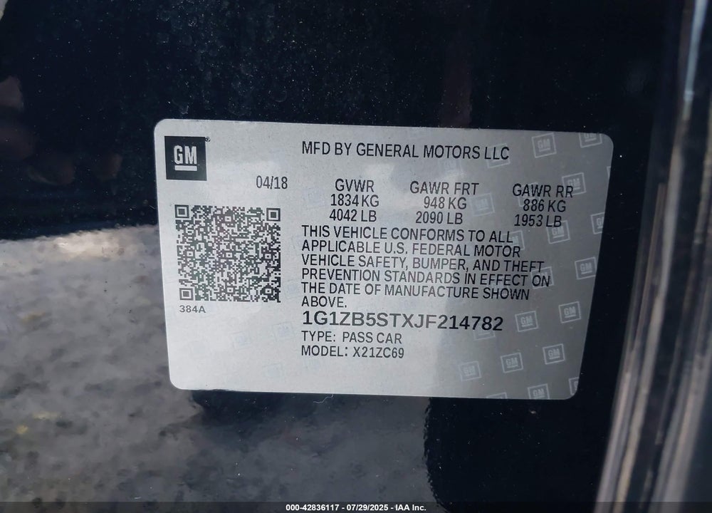 2018 CHEVROLET MALIBU VIN: 1G1ZB5STXJF214782