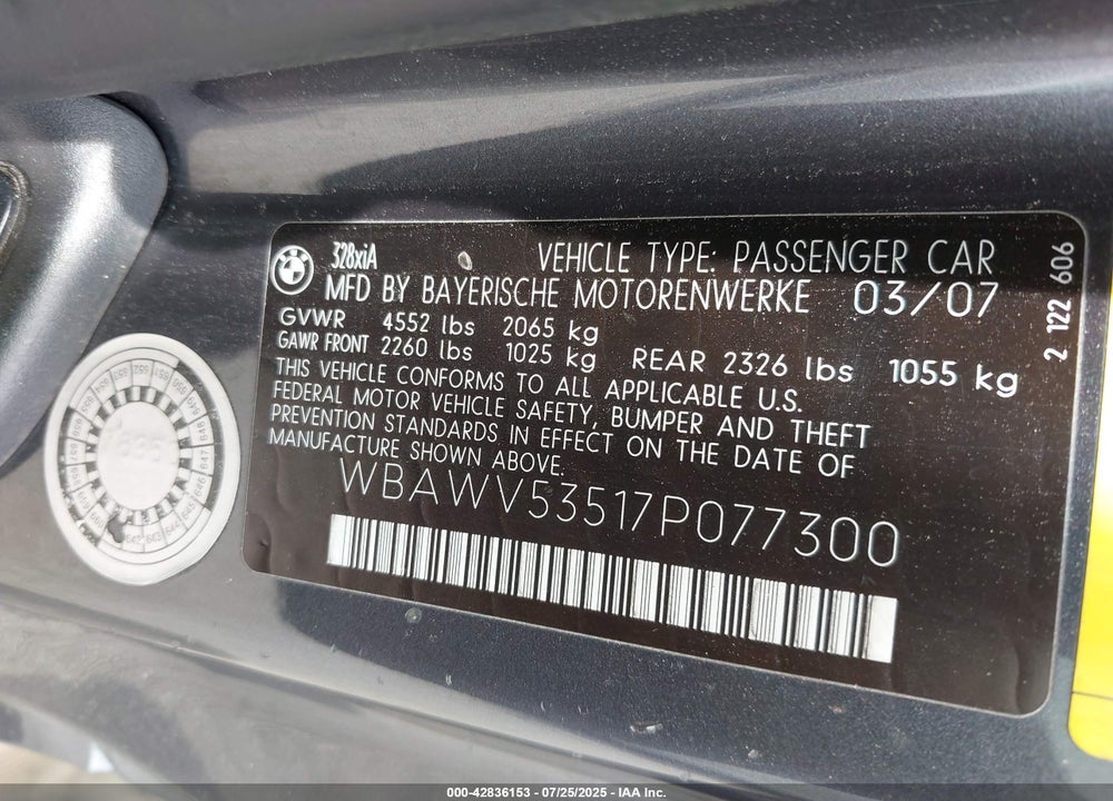 2007 BMW 3 SERIES VIN: WBAWV53517P077300