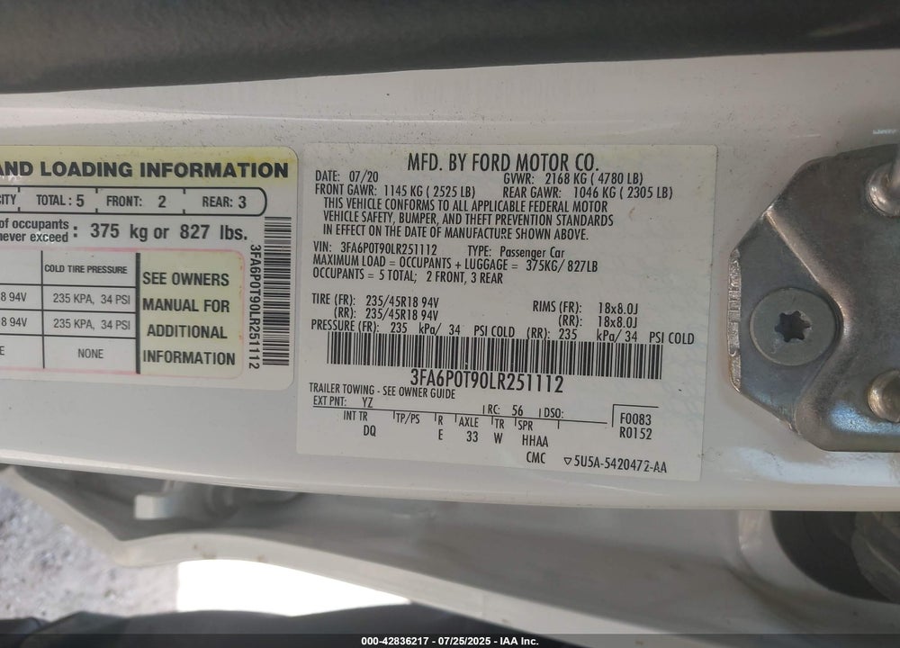 2020 FORD FUSION VIN: 3FA6P0T90LR251112